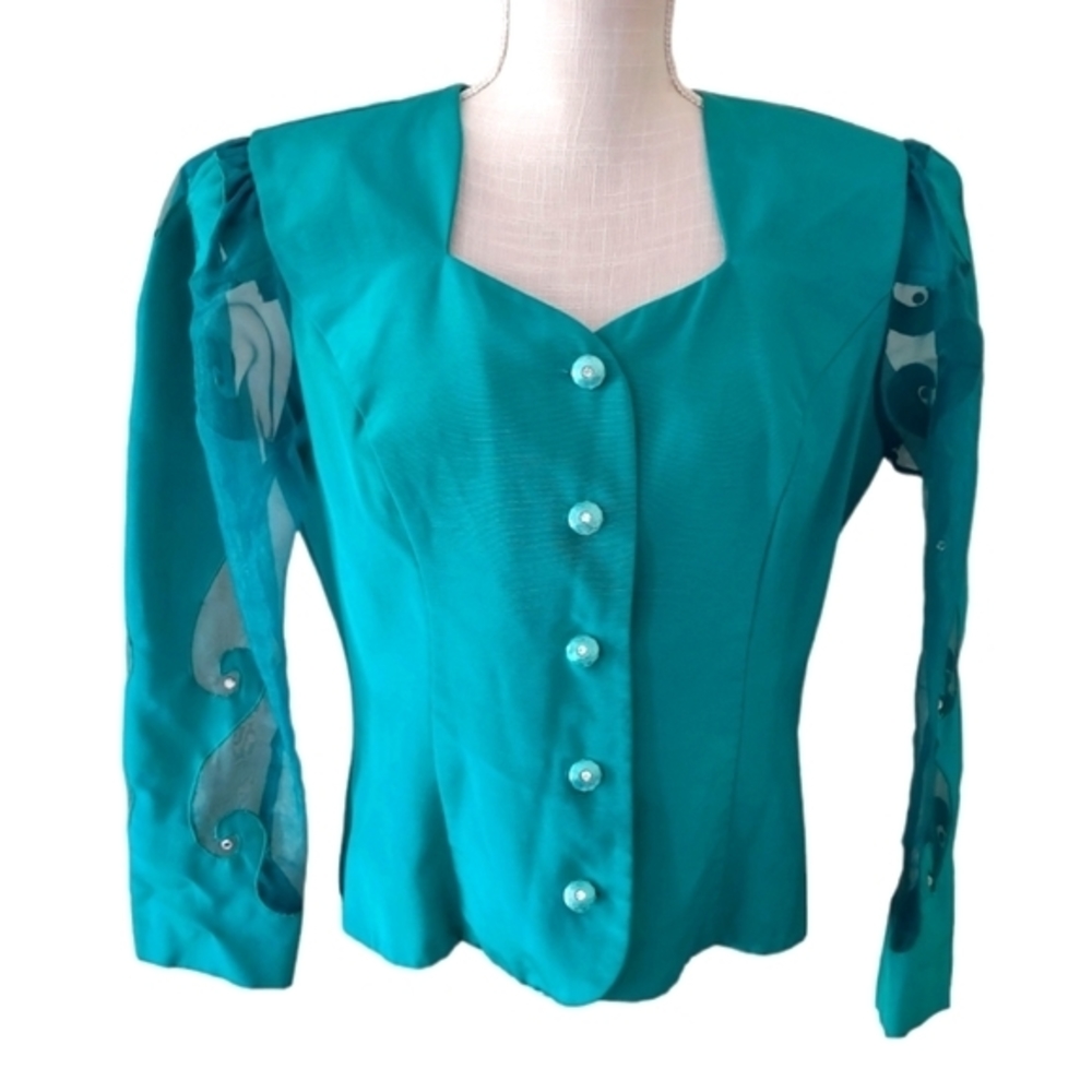 Vintage 80's Karen Miller Jacket Emerald Green Rhinestone‎ accent button up med